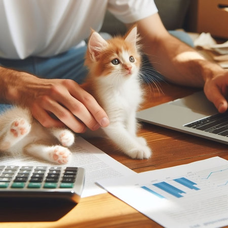 Close-up of a young man sitting at the table with a cat and a calculator.の素材