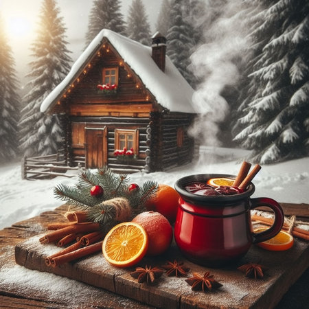 Mulled wine with spices on the background of a wooden cottage.の素材