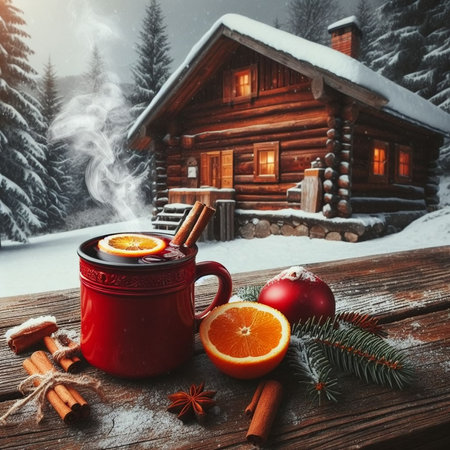 Mulled wine with spices on the background of a wooden house in the mountainsの素材