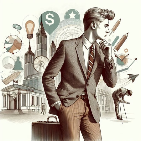 Businessman thinking about his career. Retro style. Vector illustration.の素材
