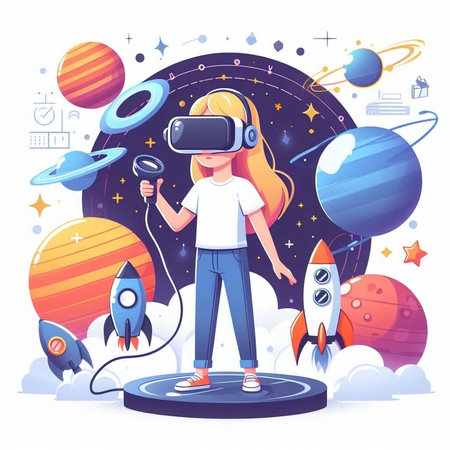 Girl in virtual reality glasses playing space game. Cartoon vector illustration.の素材