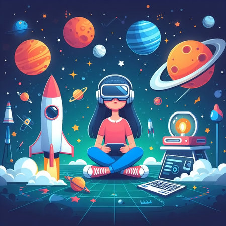 Girl in virtual reality helmet with laptop and rocket on space background. Vector illustrationの素材