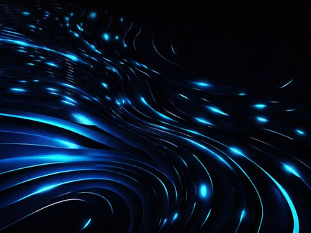 abstract blue wavy background with glowing lines and bokehの素材