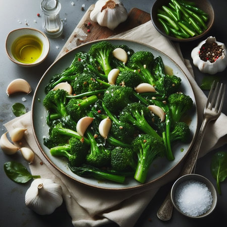 Boiled broccoli with garlic and salt on plate over dark background. Top viewの素材