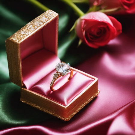 Wedding rings in a box on a background of red rosesの素材