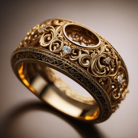 wedding gold ring with diamonds on a dark background close upの素材