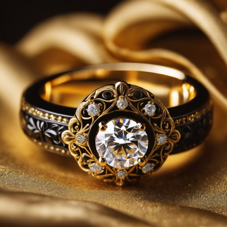 wedding rings with diamonds on the background of gold fabric.の素材