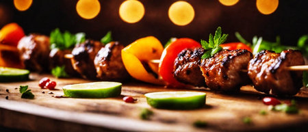 Grilled shish kebab on wooden skewers with vegetablesの素材