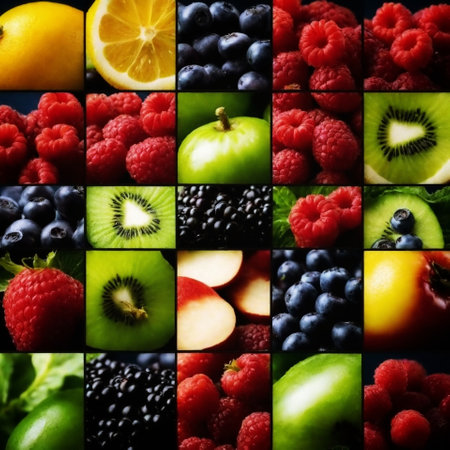 collage of different fruits and berries on a dark background, close-upの素材