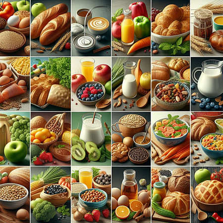 Foods high in protein and carbohydrates. Collage made of photosの素材