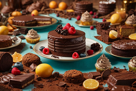 Chocolate cake with berries on a blue background. toning. selective focusの素材
