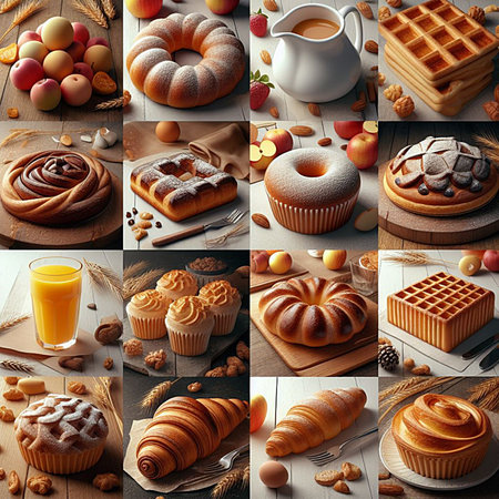 Collage of different types of bread, croissants, muffins and dessertsの素材
