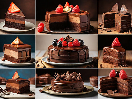 Collage of delicious chocolate cakes with berries on a dark background.の素材