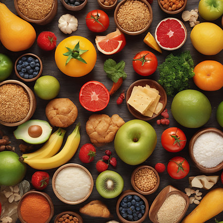 Healthy food background. Fruits and vegetables. Top view.の素材