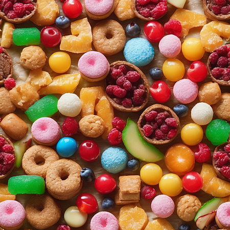 Colorful candies with raisins and fruits as background. Top viewの素材
