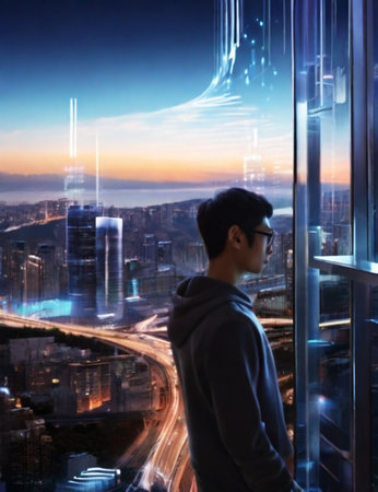 Young man looking at the city from the top of a skyscraperの素材