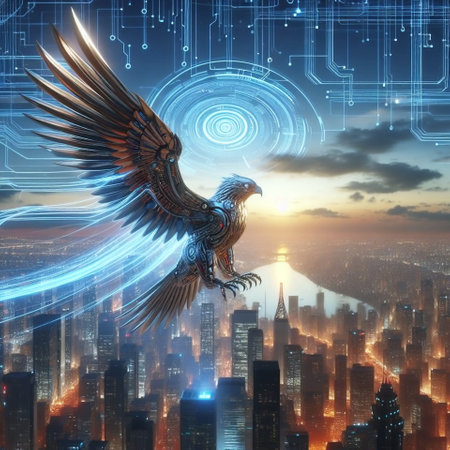 Eagle on the background of the city. The concept of the future.の素材