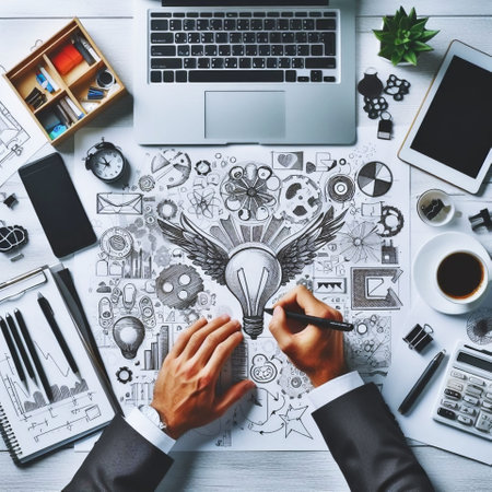 Top view of businessman sitting at table with laptop and sketches. Idea conceptの素材