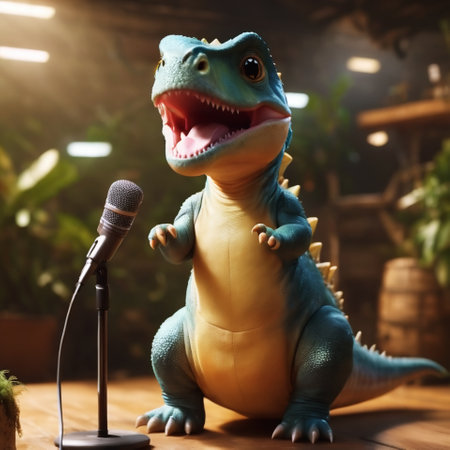 Cute baby dinosaur with microphone on wooden table in music studio.の素材