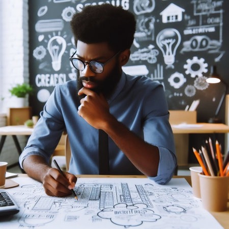 Thoughtful african american architect working on blueprint in officeの素材