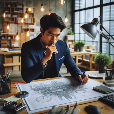 Architect working on blueprint at workplace in office. Architect concept.の素材
