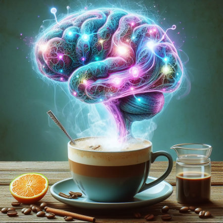 Coffee cup and human brain with glowing lights and coffee beansの素材