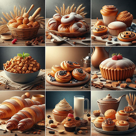 Collage of different types of bakery products. Bakery concept.の素材