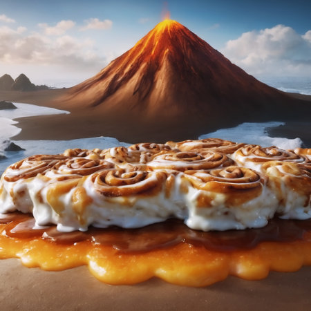 Coconut cake with volcano in the background. 3d renderingの素材