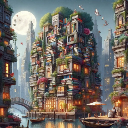 Fantasy city with wooden houses and boat on the water. Digital painting.の素材
