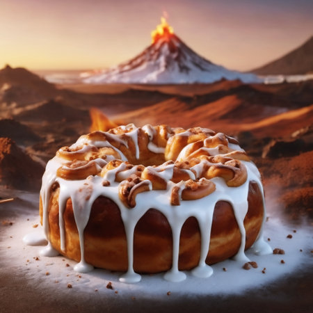 Chocolate donut on a background of volcano Etna, Sicily, Italyの素材