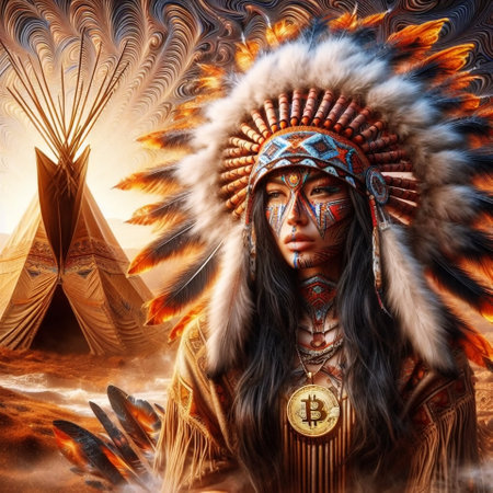 Native American indian chief with feather headdress and indian teepeeの素材