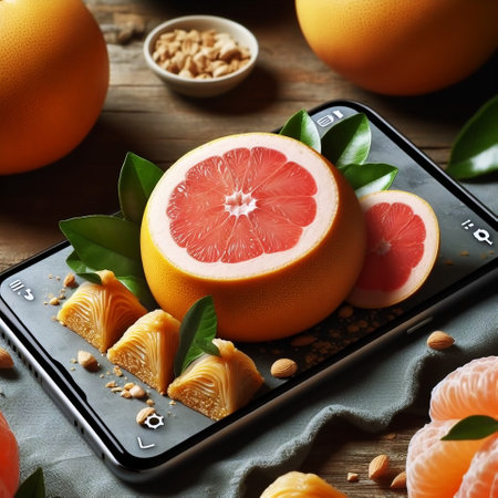 Grapefruit, pomelo and tangerines on wooden backgroundの素材