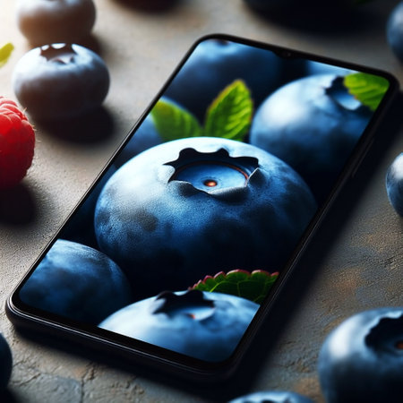Smartphone with blueberries and raspberries on table, closeupの素材