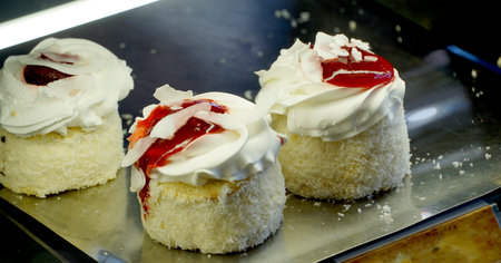 Delicious chocolate cake on plate on table on light backgroundの写真素材