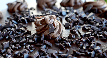 close up of a chocolate cake and crumbles.