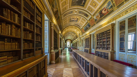 Interiors and architectural details of library of the Chateau de Fontainebleau timelapse hyperlapse, home of french kings and emperor Napoleon in Fontainebleau, Franceのeditorial素材