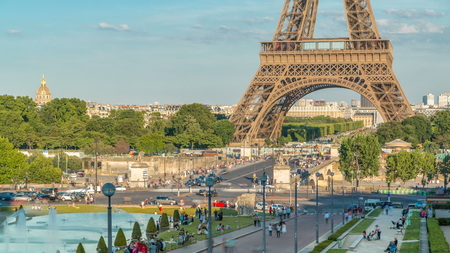 Sunset view of Eiffel Tower timelapse with fountain in Jardins du Trocadero in Paris, France. Long...