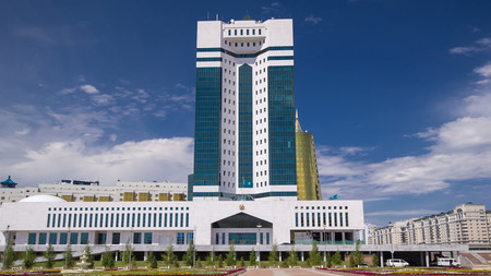 House of Parliament of the Republic of Kazakhstan timelapse hyperlapse with flowerbed near, Astana 4Kの写真素材