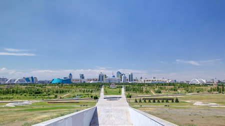 Panorama of the Astana city timelapse and the president's residence Akorda with park. View from the Palace of Peace and Reconciliation. Astana, Kazakhstan. 4Kのeditorial素材