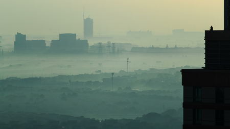 sunrise aerial view skyscraper foggy weather Dubai Marina at United Arab Emirates UAE timelapse at morning close view 4Kの写真素材