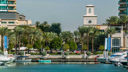 Fountain and palms timelapse at the Marina walk with floating yachts and boats, During day time....