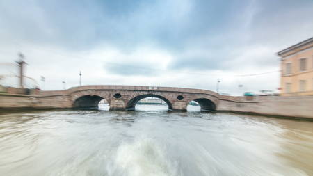 River trips on canals of St. Petersburg (Russia) timelapse hyperlapse. View of city from shipの写真素材