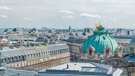 Top view of Palais or Opera Garnier The National Academy of Music timelapse in Paris, France. Aerial view from rooftop at sunny summer day. It is a 1979-seat opera house, which was built from 1861 to 1875 for the Paris Opera.のeditorial素材