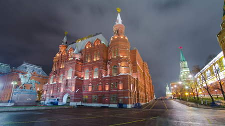 The State Historical Museum of Russia night timelapse hyperlapse. Located between Red Square and...
