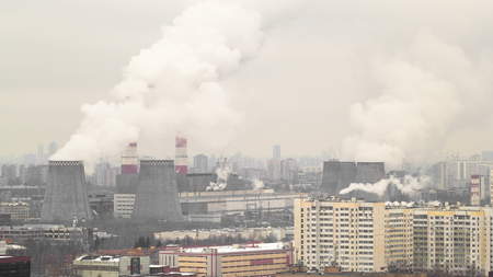 view of smocking pipes of Moscow winter day to Ozernaya street timelapse 4K