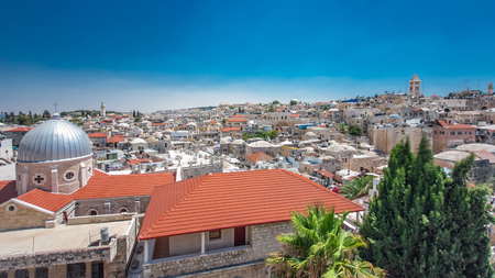 Panorama of Jerusalem Old City and Temple Mount timelapse hyperlapse from Austrian Hospice Roof, Israel. Blue skyの写真素材