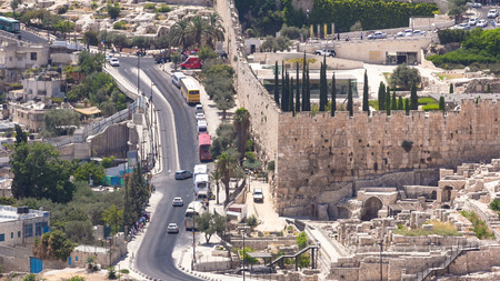 Panoramic view on Jerusalem near al-aqsa timelapse with traffic on the road from the Mount of...