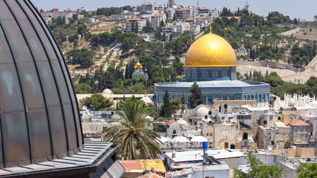 Panorama overlooking the Old city of Jerusalem timelapse, Israel, including the Dome of the Rock....