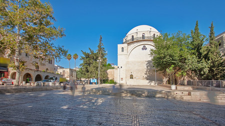 Synagogue with name Hurva in old city of Jerusalem, Israel timelapse hyperlapse with green trees and...