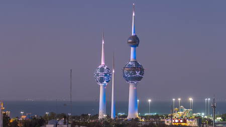 KUWAIT - CIRCA MARCH 2017: Top view of Kuwait Towers day to night transition timelapse illuminated...